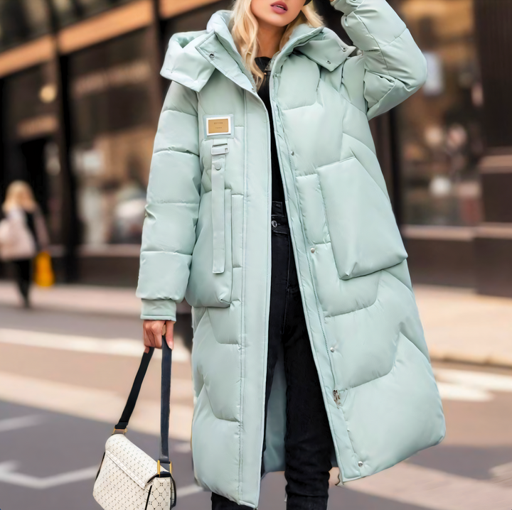 Women's Hooded Longline Quilted Puffer Coat Belted Buckle Winter Jacket