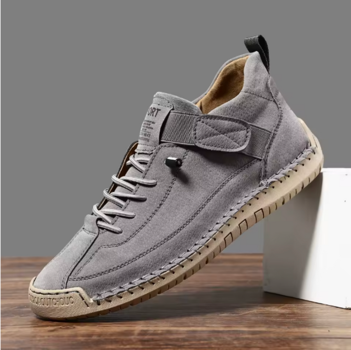 Women's Hand-Stitched Leather High-Top Sneakers Lace-Up Strap Cushioned Casual