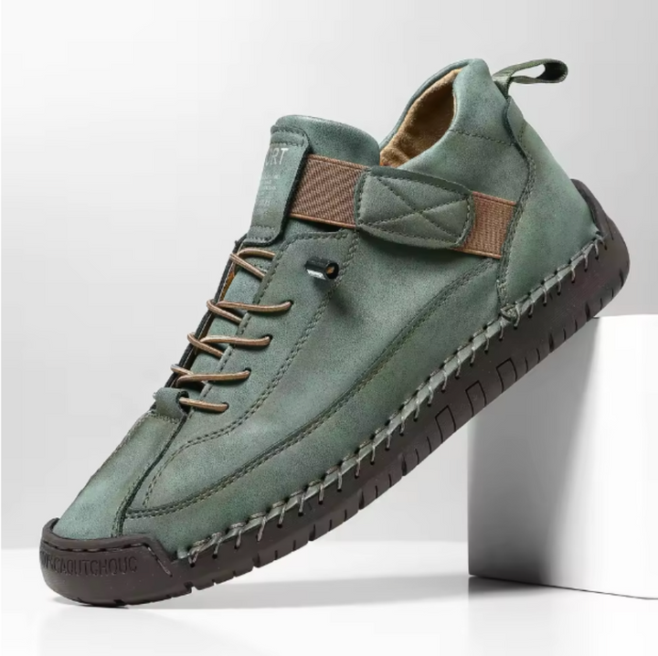 Women's Hand-Stitched Leather High-Top Sneakers Lace-Up Strap Cushioned Casual