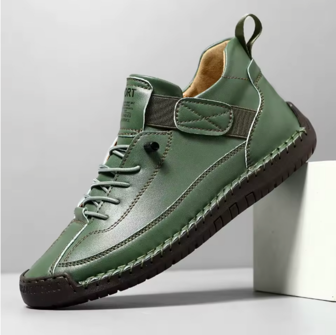 Women's Hand-Stitched Leather High-Top Sneakers Lace-Up Strap Cushioned Casual