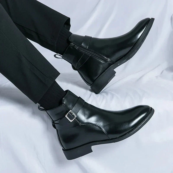 Men's Leather Chelsea Boots Buckle Strap Side-Zip Pointed-Toe Ankle