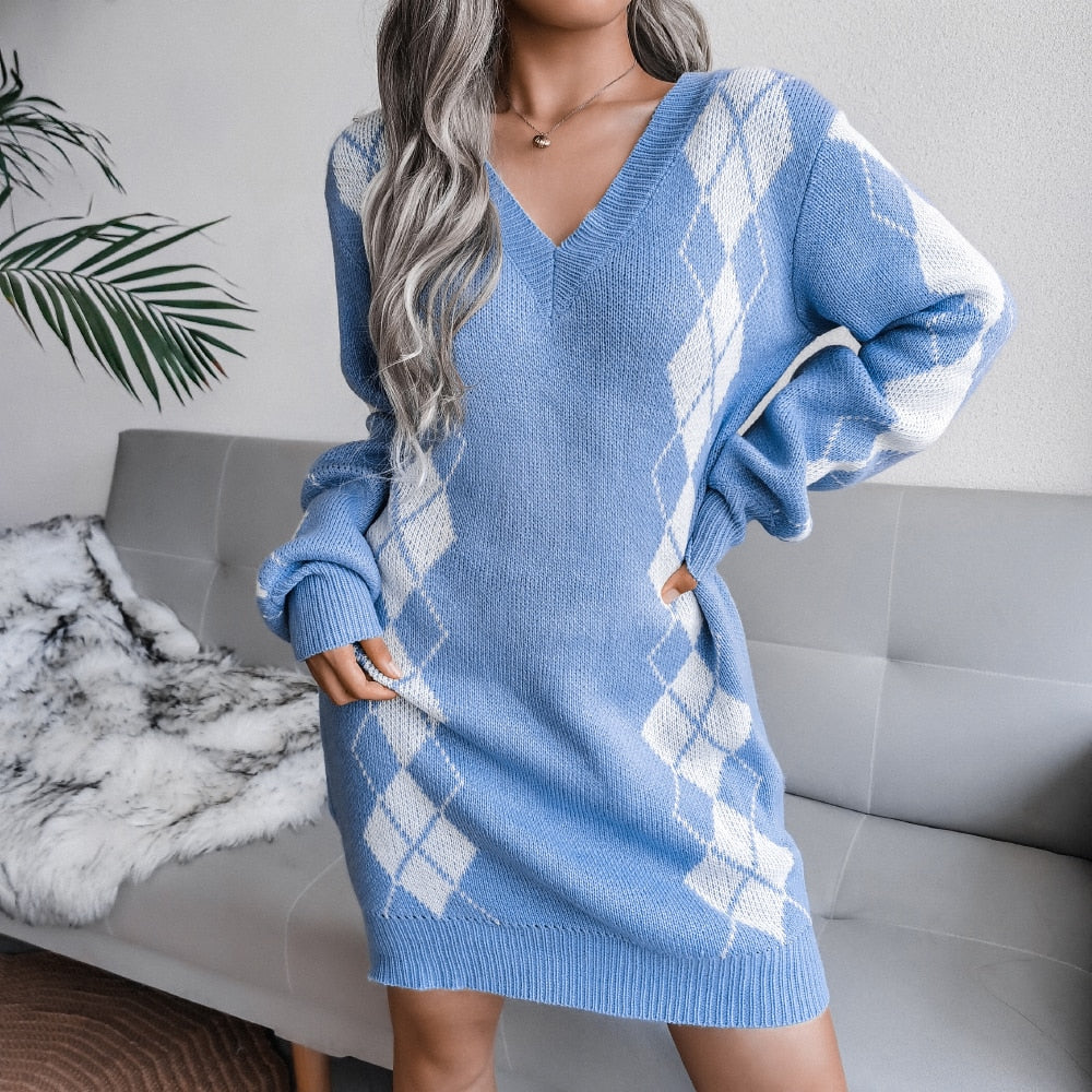 Women's Argyle Knit Sweater Dress V-Neck Long-Sleeve Relaxed Ribbed Mini