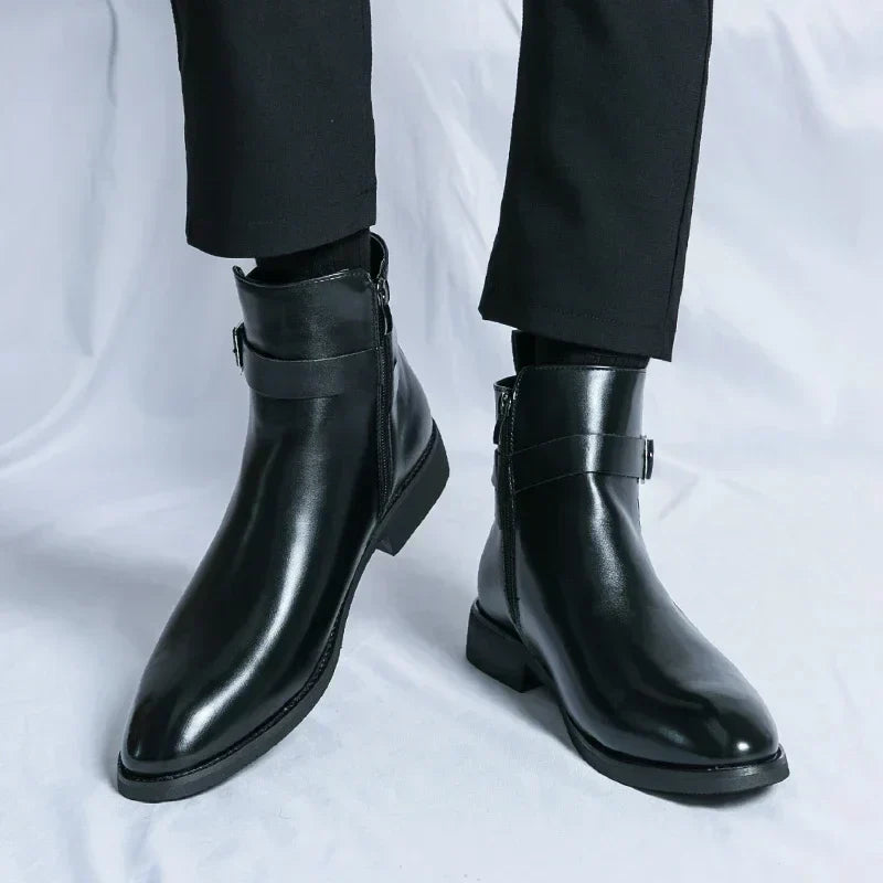 Men's Leather Chelsea Boots Buckle Strap Side-Zip Pointed-Toe Ankle