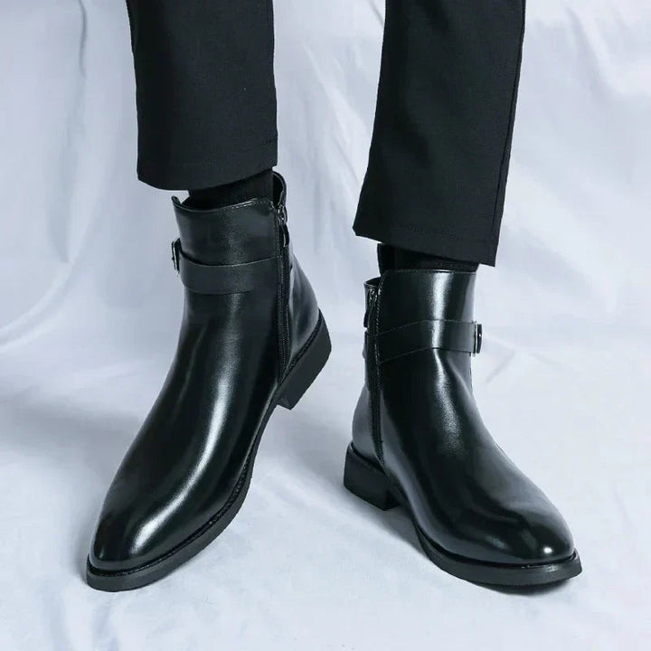 Men's Leather Chelsea Boots Buckle Strap Side-Zip Pointed-Toe Ankle