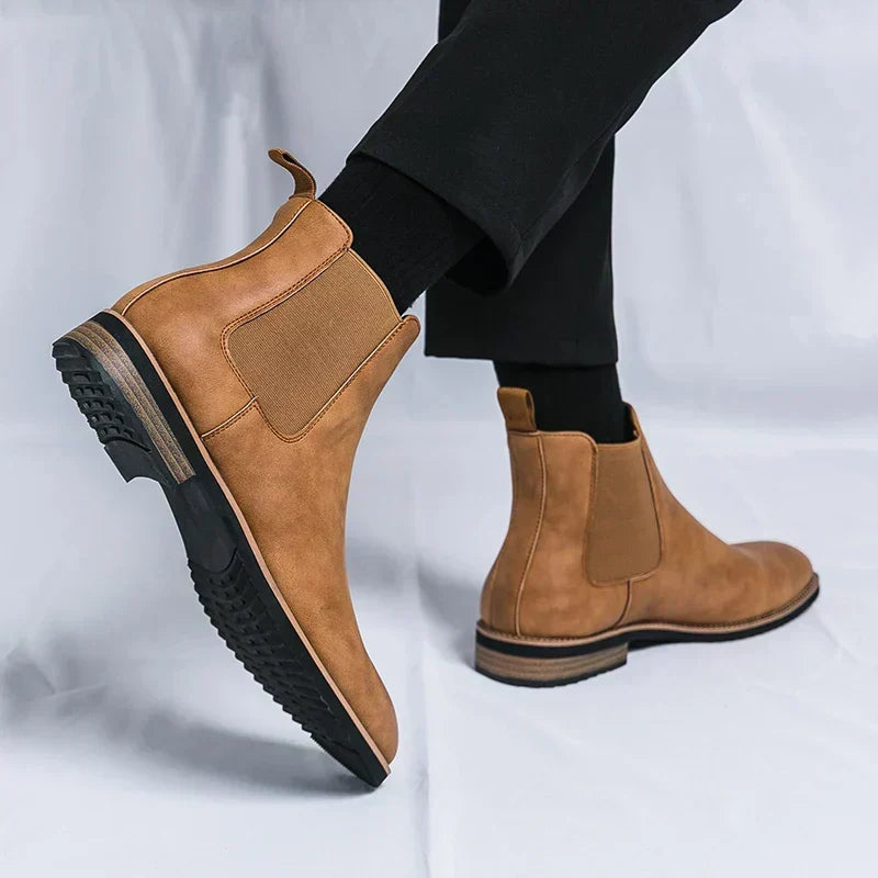 Men's Leather Chelsea Boots Elastic Gore Pointed-Toe Welt Ankle