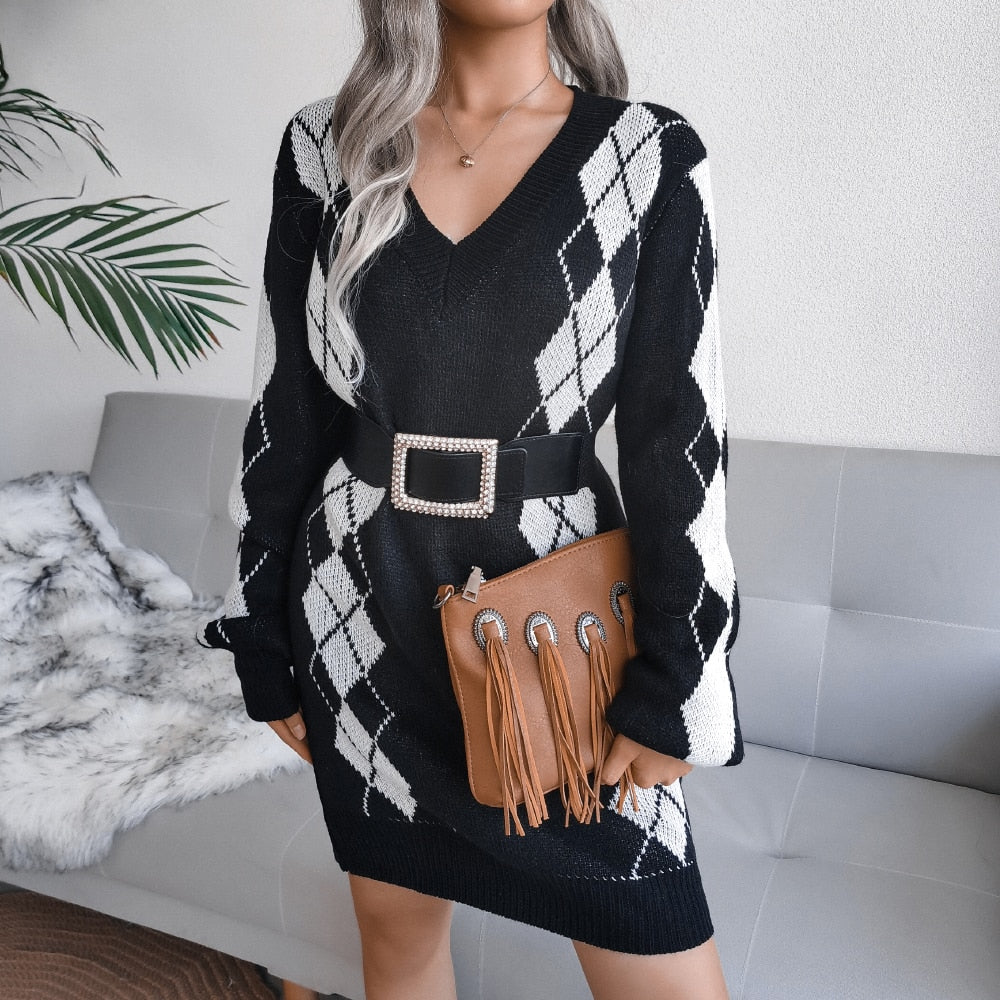Women's Argyle Knit Sweater Dress V-Neck Long-Sleeve Relaxed Ribbed Mini