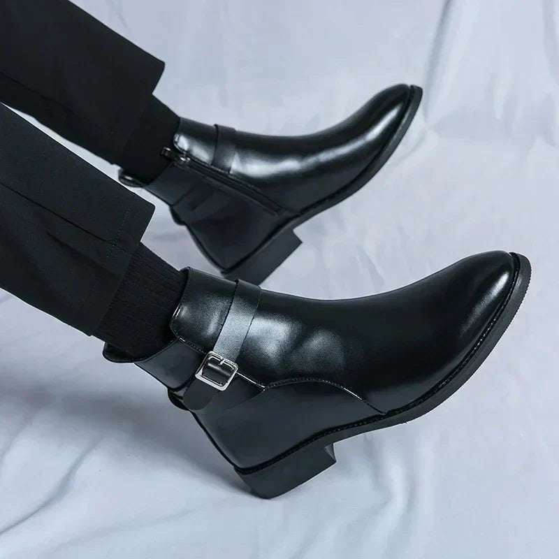 Men's Leather Chelsea Boots Buckle Strap Side-Zip Pointed-Toe Ankle