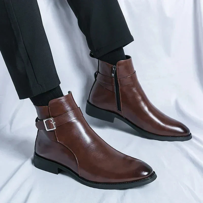 Men's Leather Chelsea Boots Buckle Strap Side-Zip Pointed-Toe Ankle