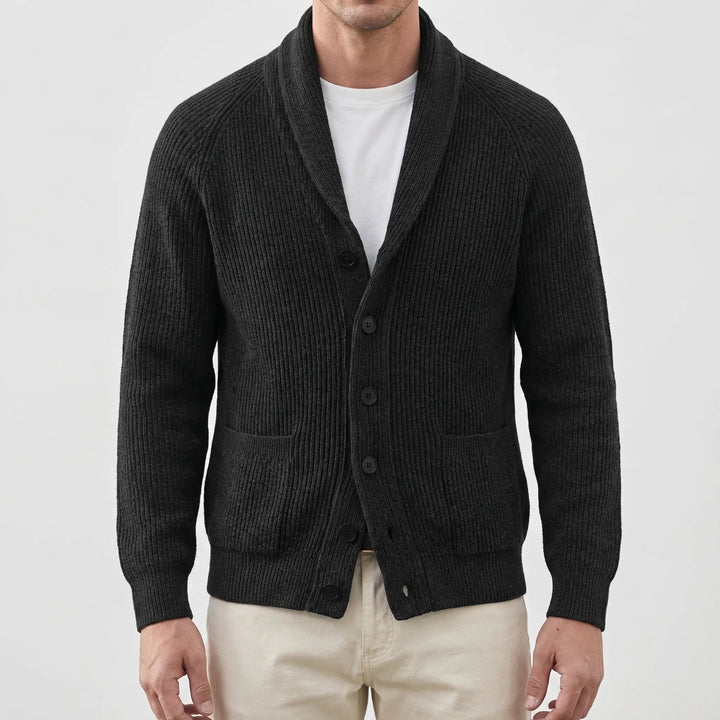 Men's Shawl Collar Knit Cardigan Button-Front Ribbed Chunky Pullover