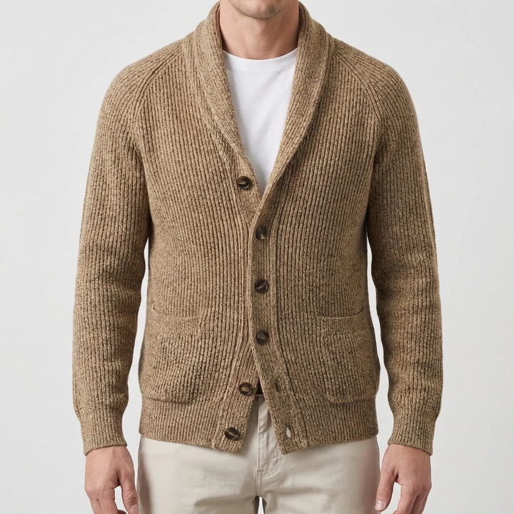 Men's Shawl Collar Knit Cardigan Button-Front Ribbed Chunky Pullover