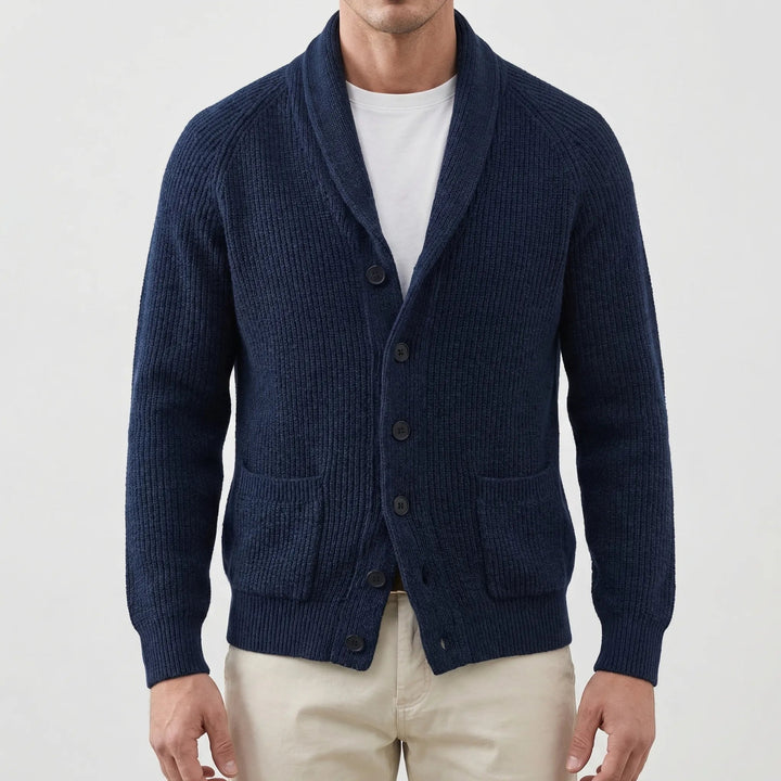 Men's Shawl Collar Knit Cardigan Button-Front Ribbed Chunky Pullover