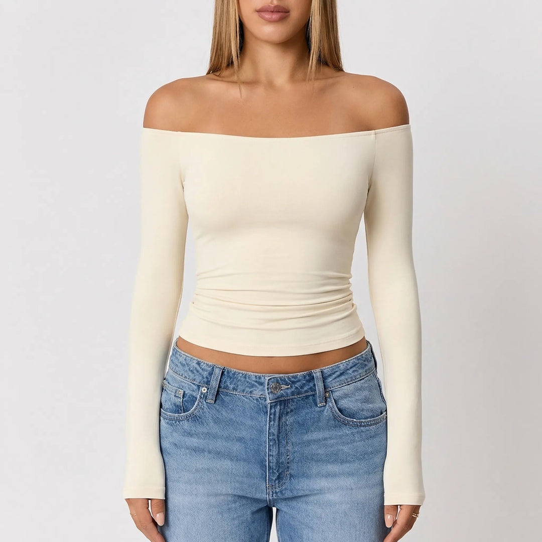 Women's Off-Shoulder Crop Top Long-Sleeve Fitted Bardot Slim Basic Stretch