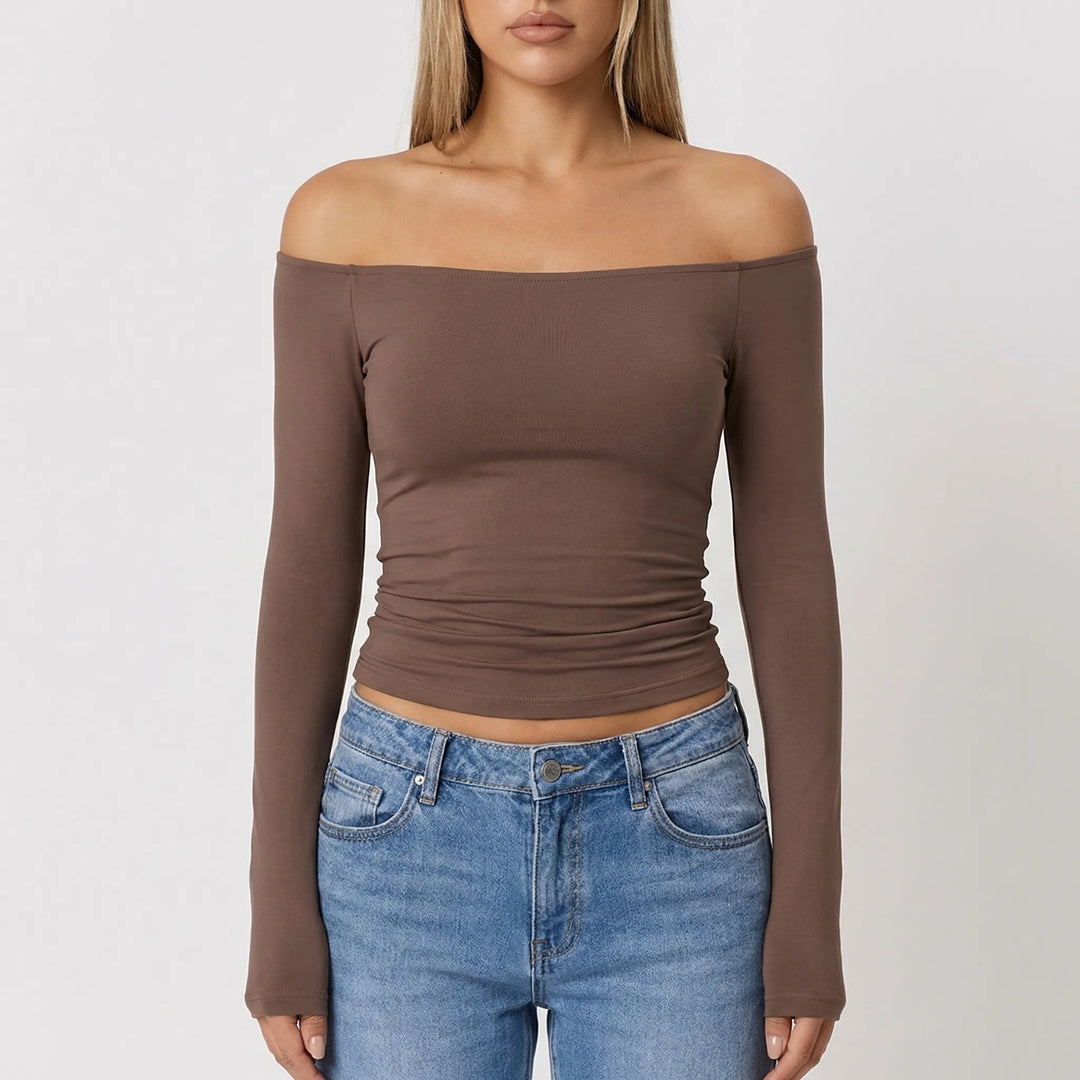 Women's Off-Shoulder Crop Top Long-Sleeve Fitted Bardot Slim Basic Stretch
