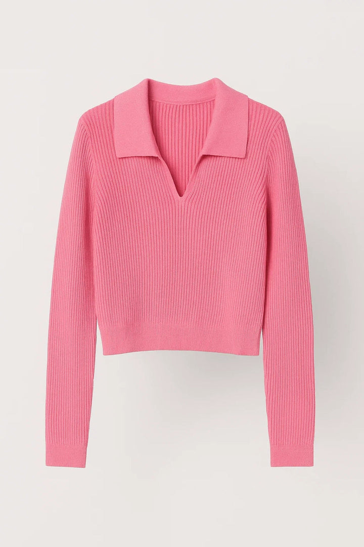 Women's Ribbed Knit Sweater Johnny Collar V-Neck Cropped Fitted Pullover