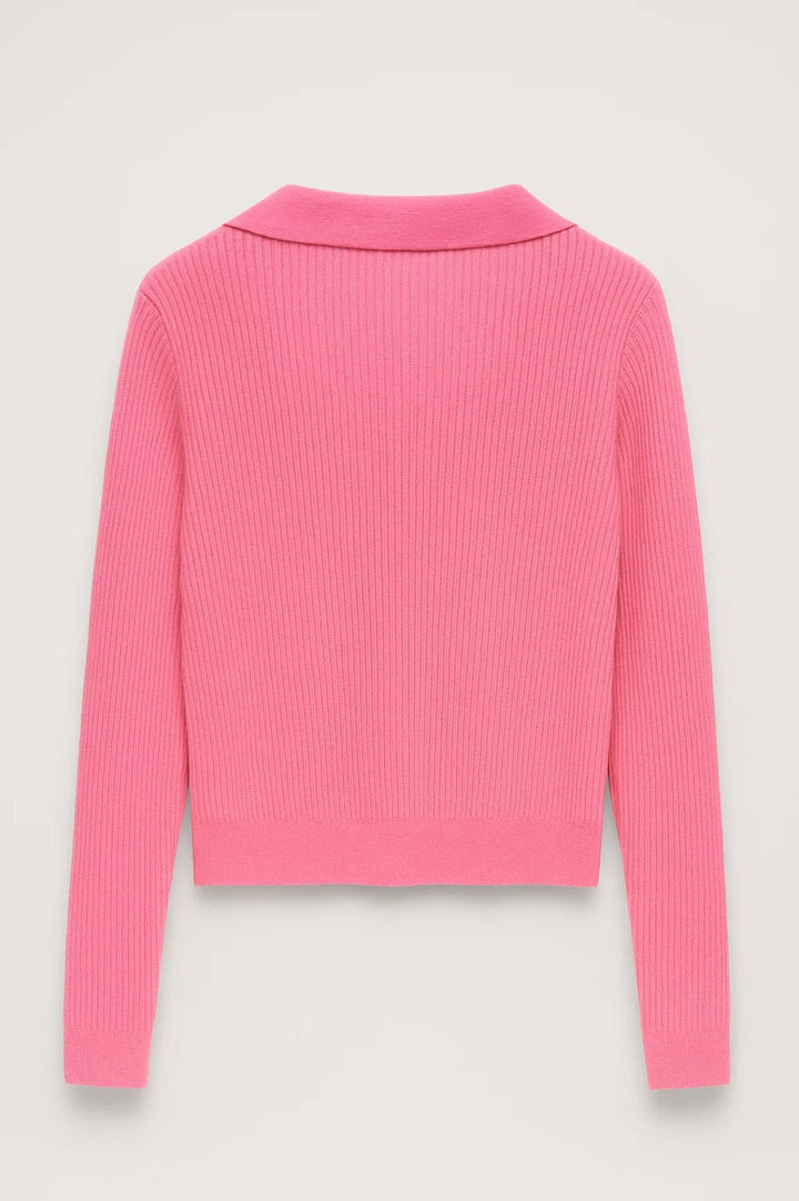 Women's Ribbed Knit Sweater Johnny Collar V-Neck Cropped Fitted Pullover