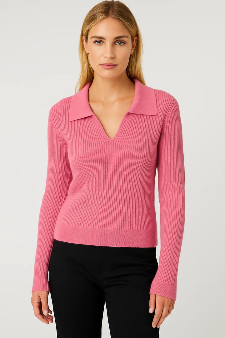 Women's Ribbed Knit Sweater Johnny Collar V-Neck Cropped Fitted Pullover
