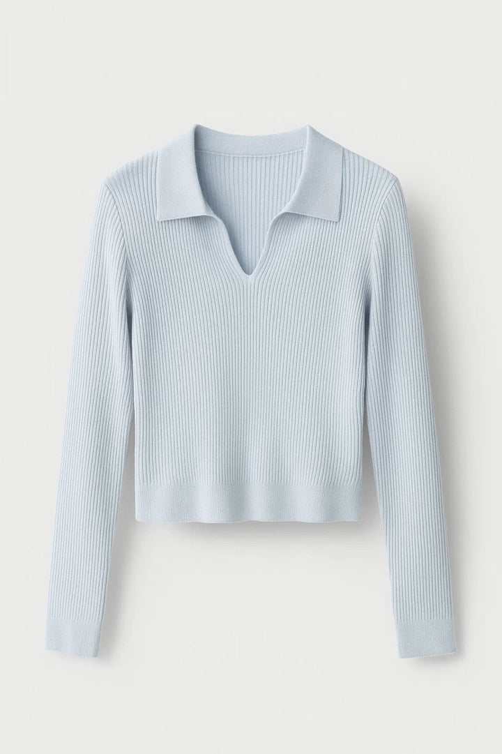 Women's Ribbed Knit Sweater Johnny Collar V-Neck Cropped Fitted Pullover