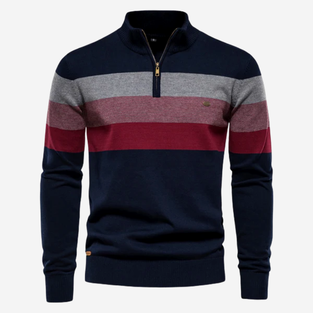 Men's Retro Colorblock Quarter-Zip Pullover Stand Collar Stripe Knit