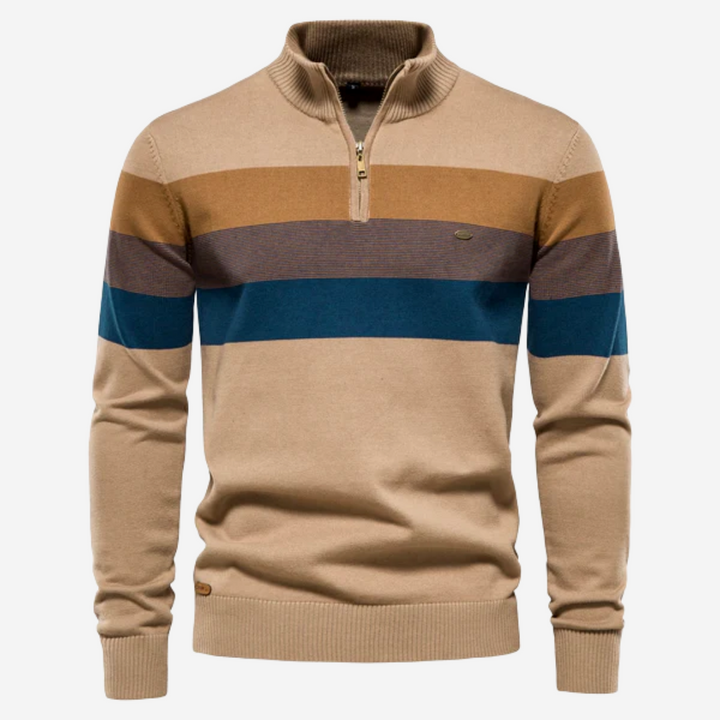 Men's Retro Colorblock Quarter-Zip Pullover Stand Collar Stripe Knit