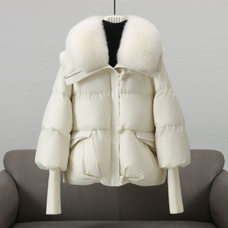 Women's Faux Fur Collar Quilted Puffer Jacket Drawstring Waist Winter Coat