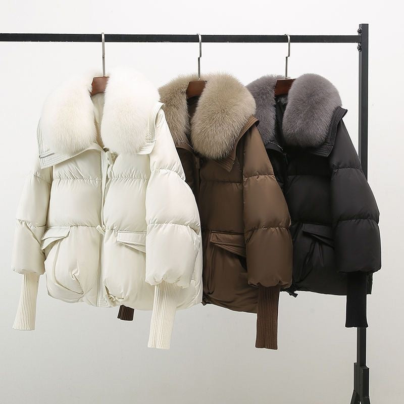 Women's Faux Fur Collar Quilted Puffer Jacket Drawstring Waist Winter Coat