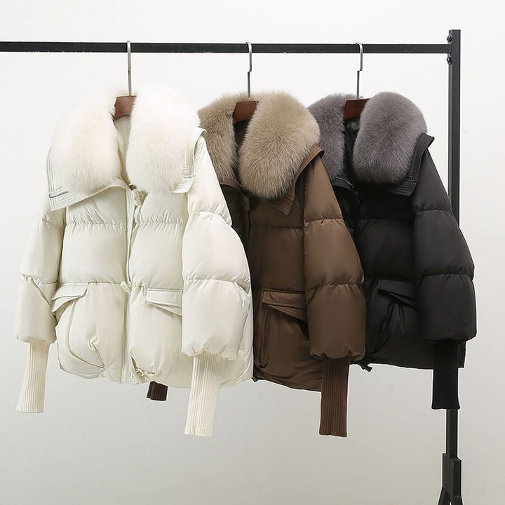Women's Faux Fur Collar Quilted Puffer Jacket Drawstring Waist Winter Coat