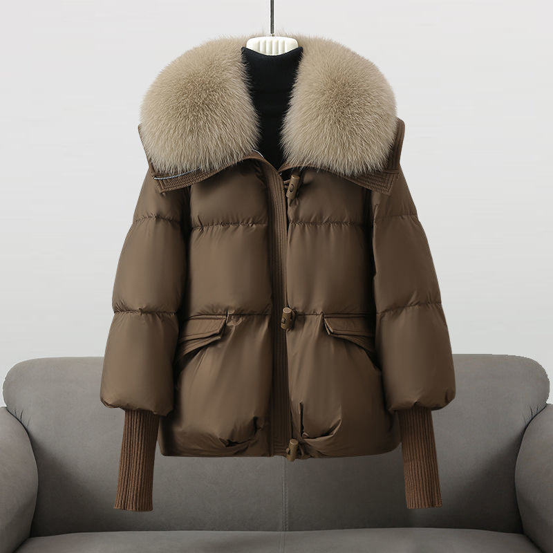 Women's Faux Fur Collar Quilted Puffer Jacket Drawstring Waist Winter Coat