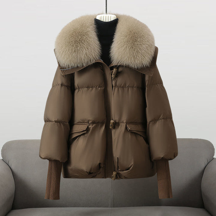 Women's Faux Fur Collar Quilted Puffer Jacket Drawstring Waist Winter Coat