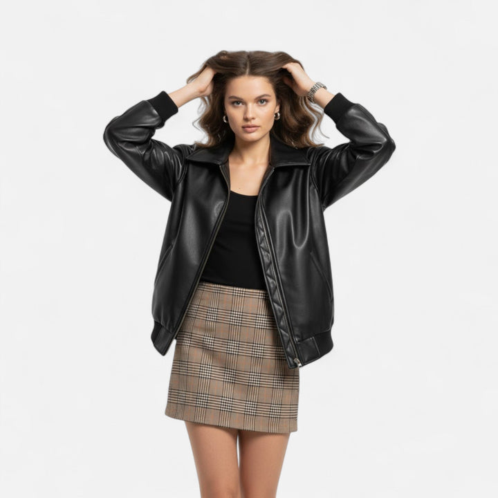 Women's Leather Jacket Zip-Up Collared Oversized Bomber Relaxed Moto