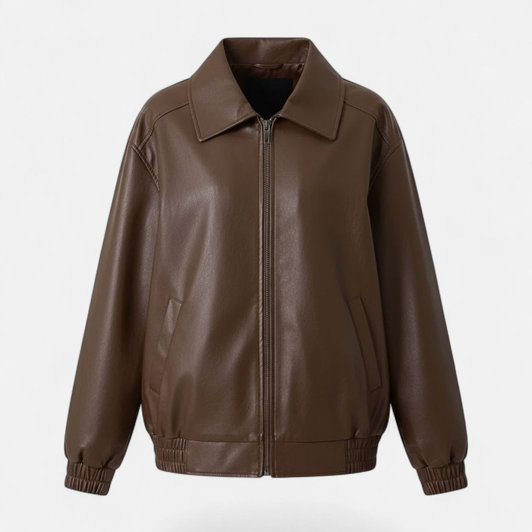Women's Faux Leather Moto Jacket Collared Zip-Up Loose Bomber Elastic-Hem Relaxed
