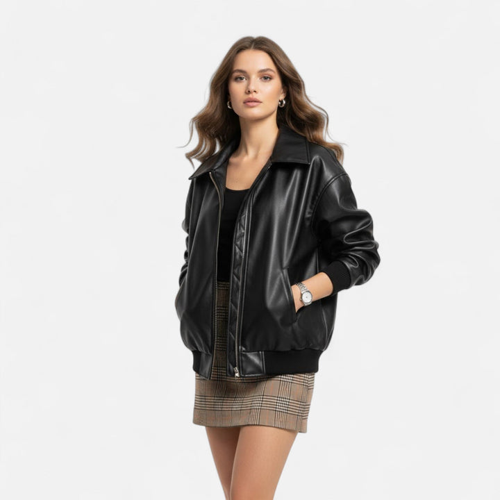 Women's Faux Leather Moto Jacket Collared Zip-Up Loose Bomber Elastic-Hem Relaxed