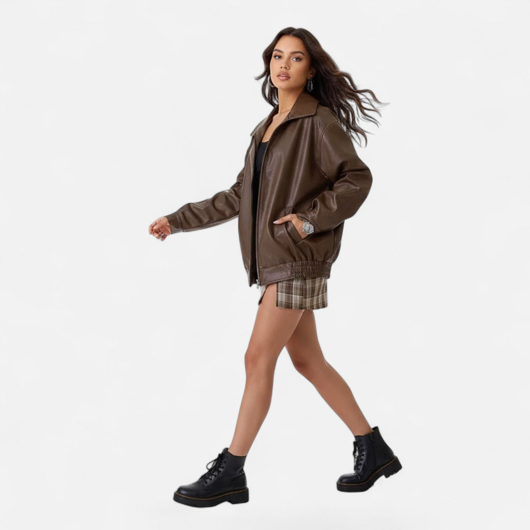 Women's Leather Jacket Zip-Up Collared Oversized Bomber Relaxed Moto