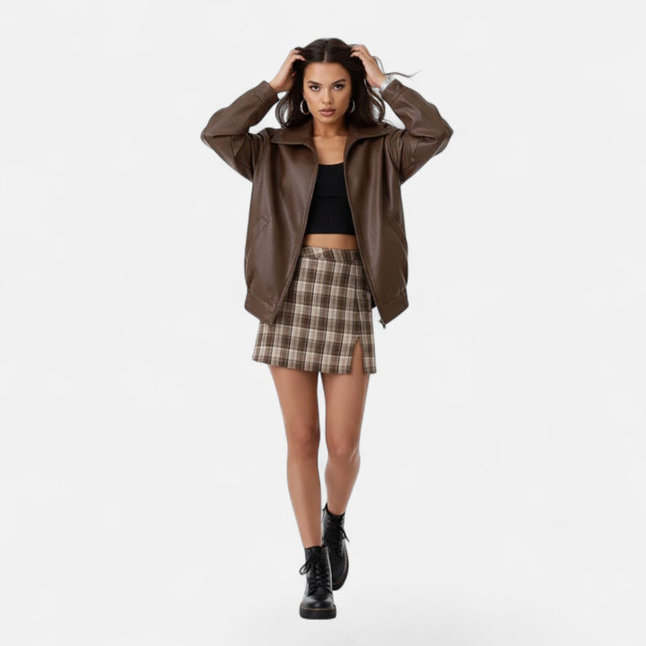 Women's Faux Leather Moto Jacket Collared Zip-Up Loose Bomber Elastic-Hem Relaxed