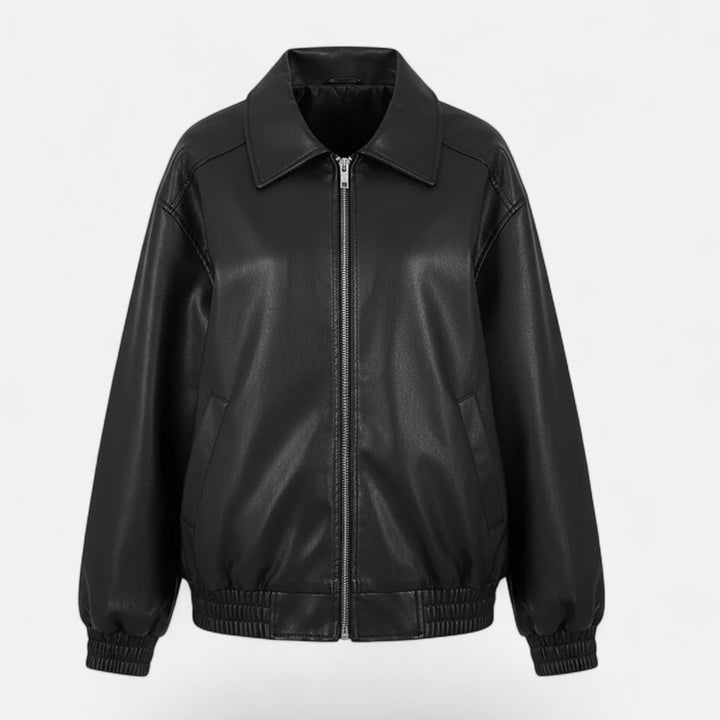 Women's Leather Jacket Zip-Up Collared Oversized Bomber Relaxed Moto