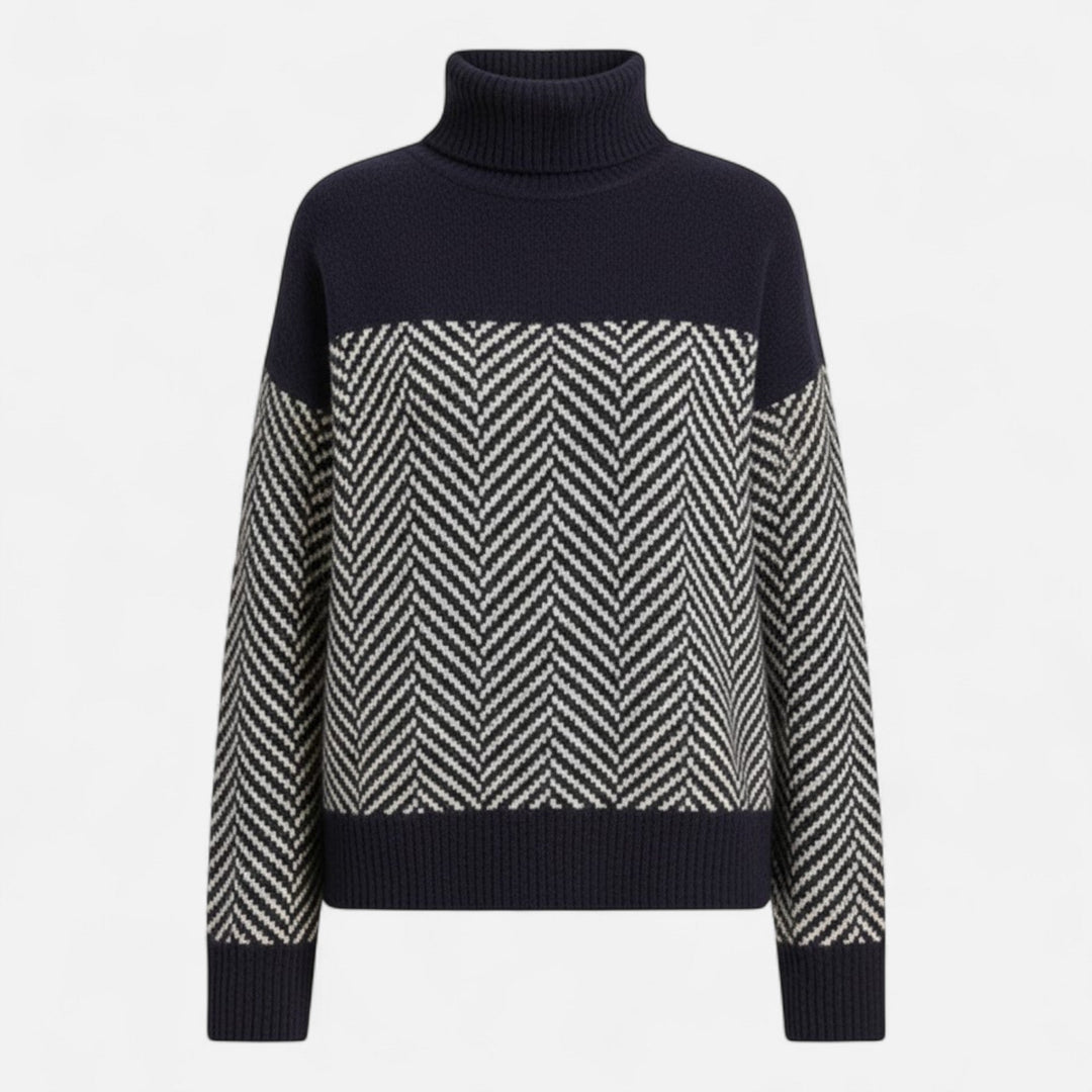 Women's Herringbone Knit Sweater Turtleneck Long-Sleeve Colorblock Relaxed Pullover