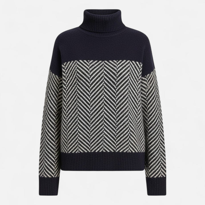 Women's Herringbone Knit Sweater Turtleneck Long-Sleeve Colorblock Relaxed Pullover