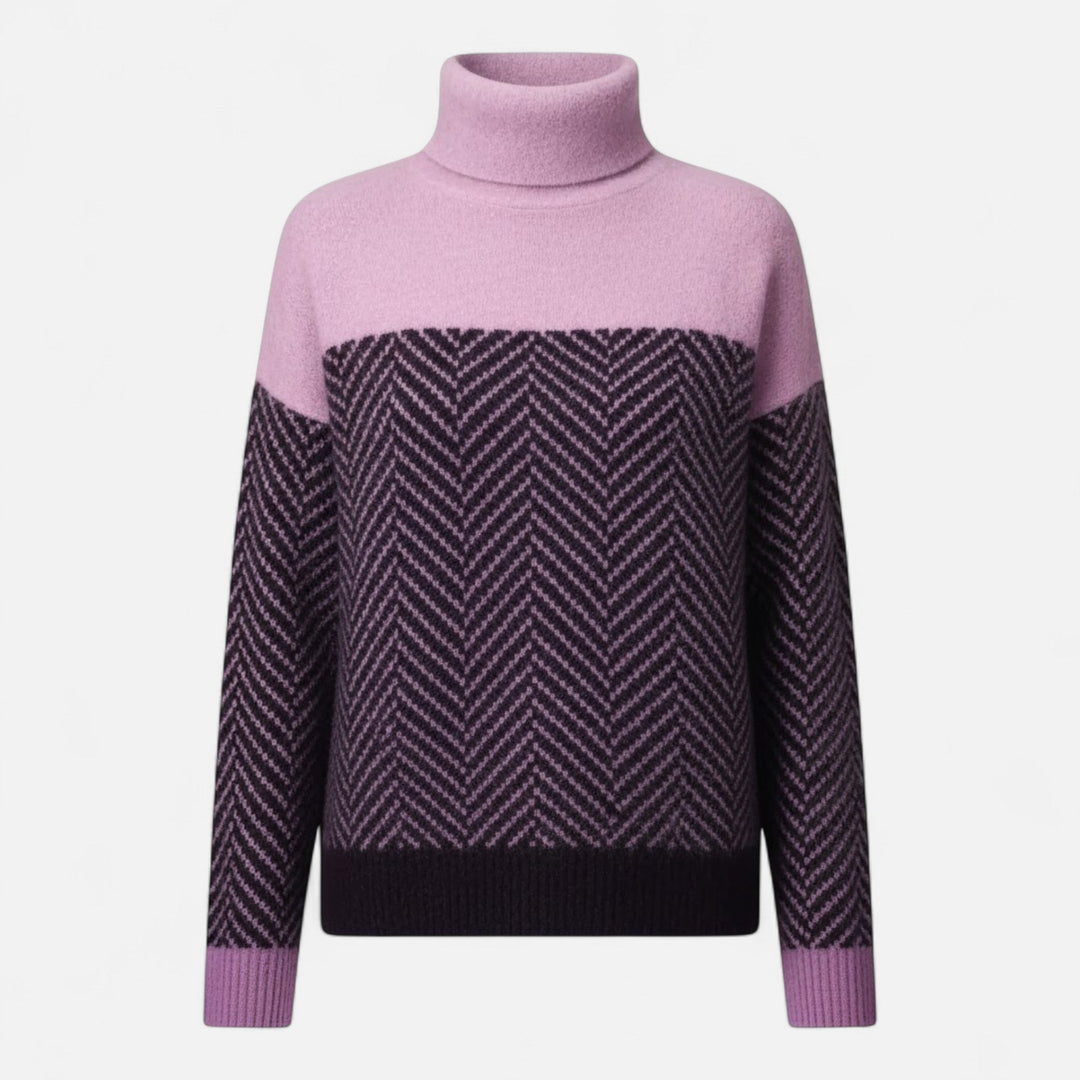 Women's Herringbone Knit Sweater Turtleneck Long-Sleeve Colorblock Relaxed Pullover