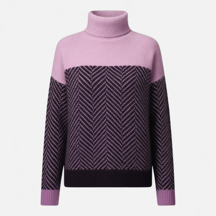 Women's Herringbone Knit Sweater Turtleneck Long-Sleeve Colorblock Relaxed Pullover