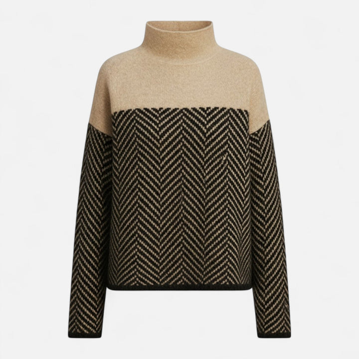 Women's Herringbone Knit Sweater Turtleneck Long-Sleeve Colorblock Relaxed Pullover