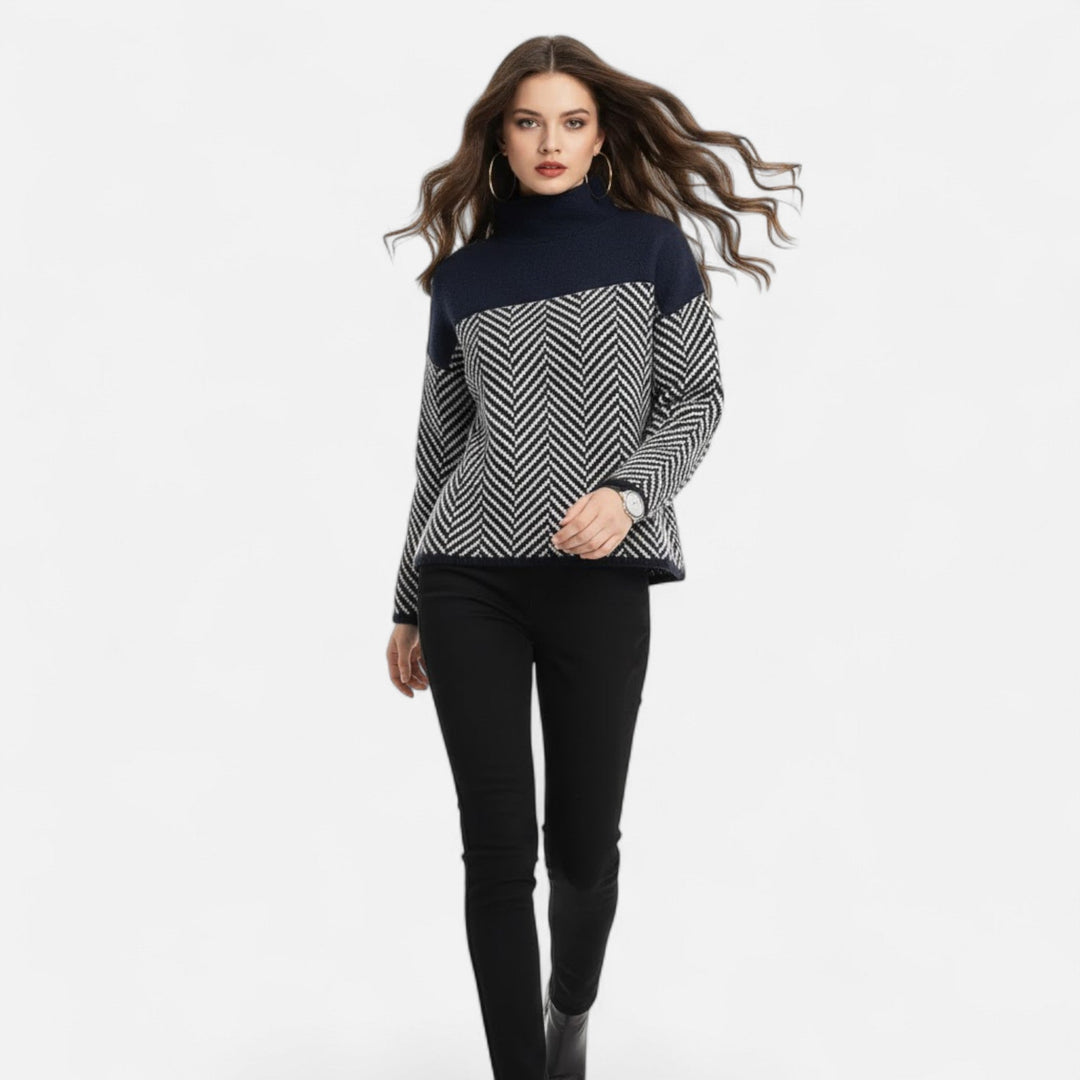 Women's Herringbone Knit Sweater Turtleneck Long-Sleeve Colorblock Relaxed Pullover