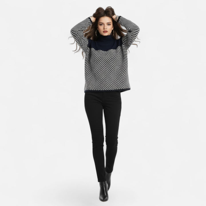 Women's Herringbone Knit Sweater Turtleneck Long-Sleeve Colorblock Relaxed Pullover