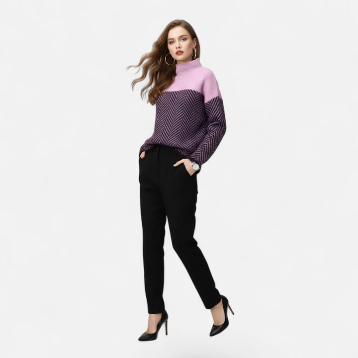 Women's Herringbone Knit Sweater Turtleneck Long-Sleeve Colorblock Relaxed Pullover
