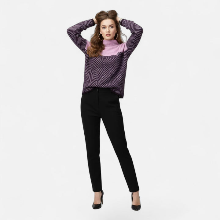 Women's Herringbone Knit Sweater Turtleneck Long-Sleeve Colorblock Relaxed Pullover