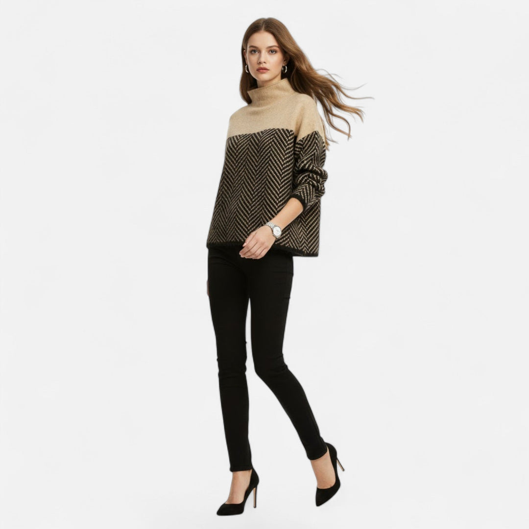 Women's Herringbone Knit Sweater Turtleneck Long-Sleeve Colorblock Relaxed Pullover