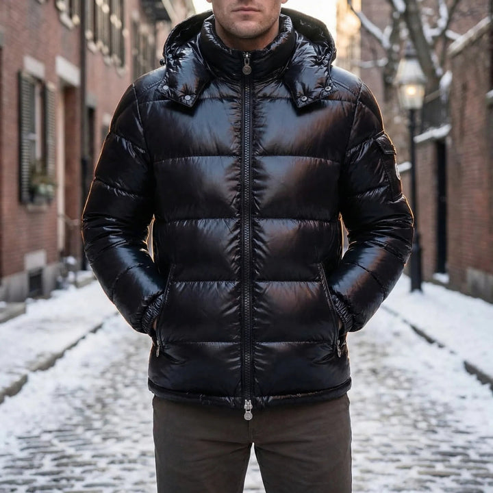Men's Quilted Hooded Puffer Jacket Glossy Full-Zip Zip-Pocket Warm