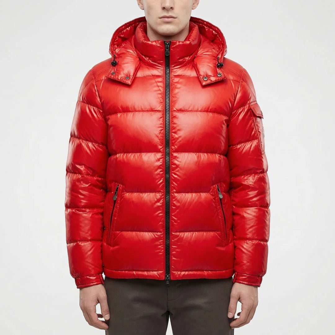 Men's Quilted Hooded Puffer Jacket Glossy Full-Zip Zip-Pocket Warm