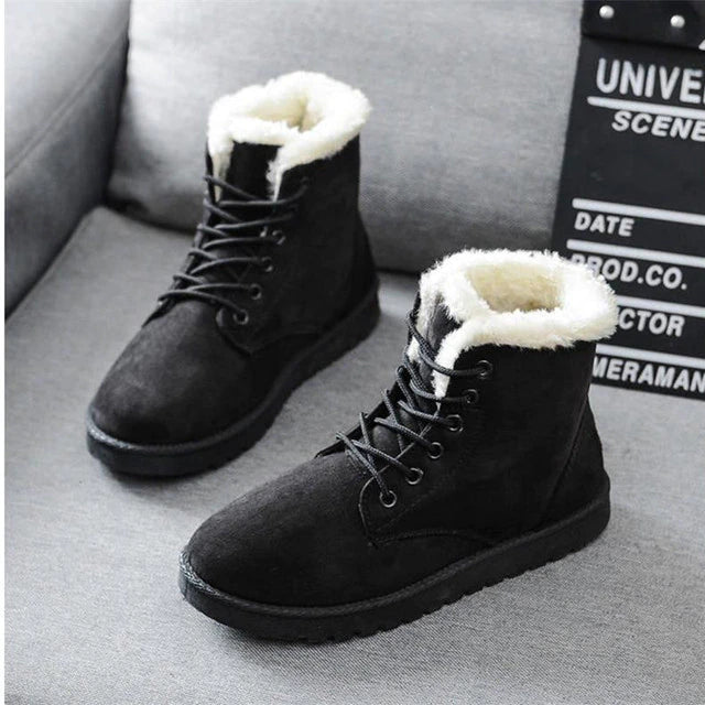 Women's Snow Boots Suede Lace-Up Fur-Lined Flat Ankle Warm