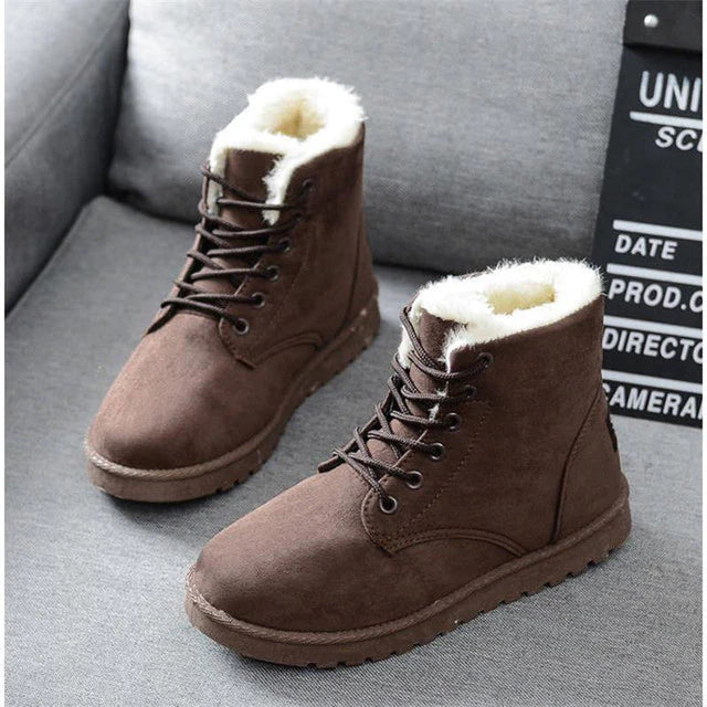 Women's Snow Boots Suede Lace-Up Fur-Lined Flat Ankle Warm