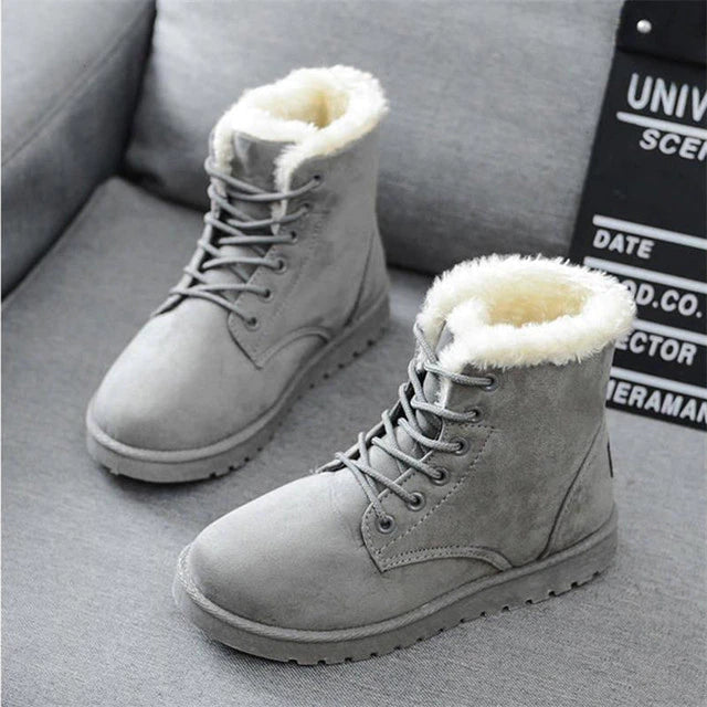 Women's Snow Boots Suede Lace-Up Fur-Lined Flat Ankle Warm