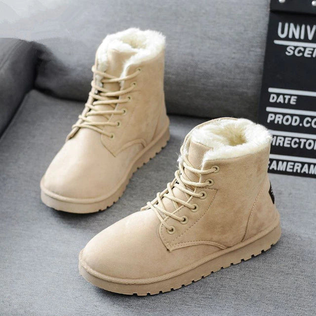 Women's Snow Boots Suede Lace-Up Fur-Lined Flat Ankle Warm